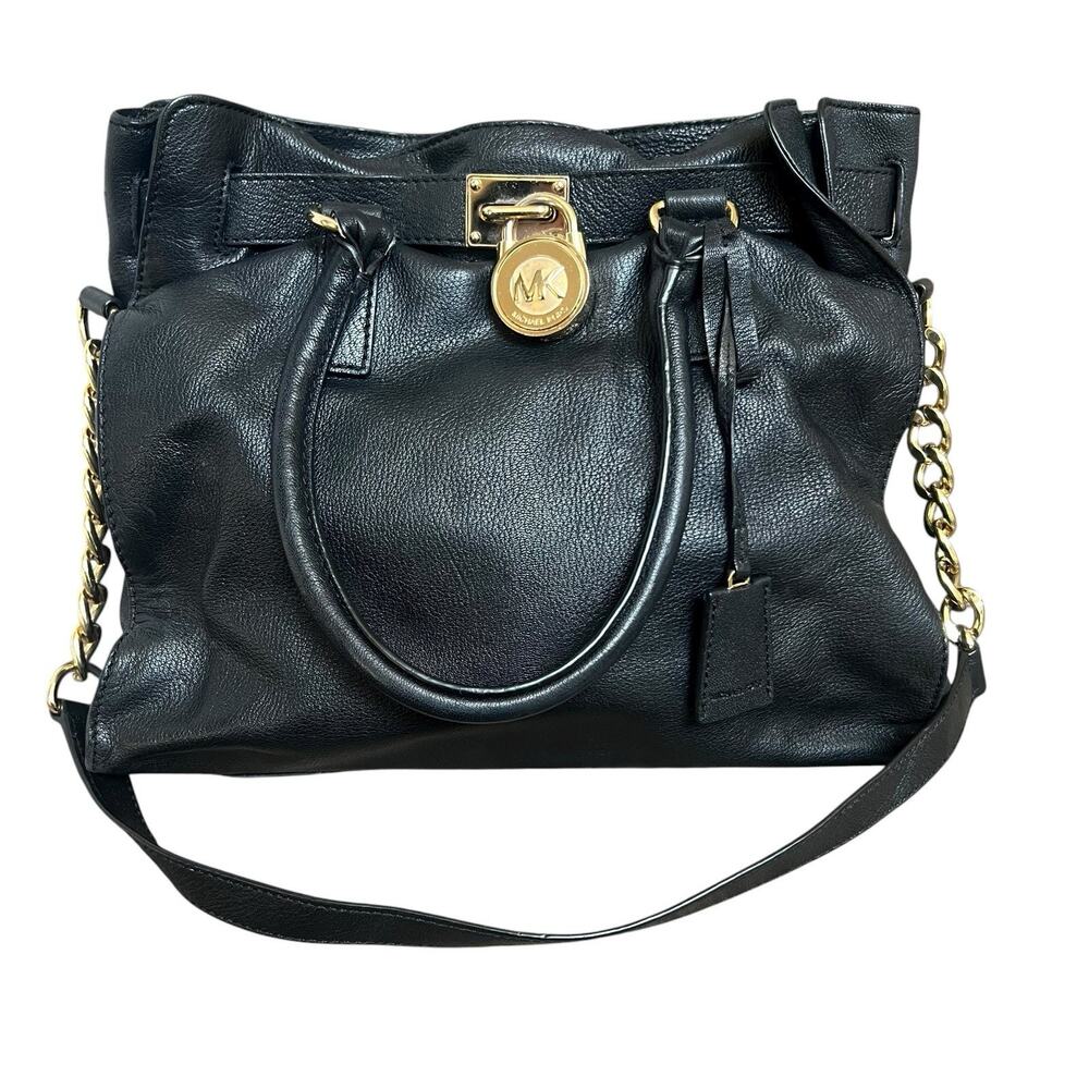 Michael Kors Black Leather Hamilton Moderne Large Satchel Bag Shoulder Tote